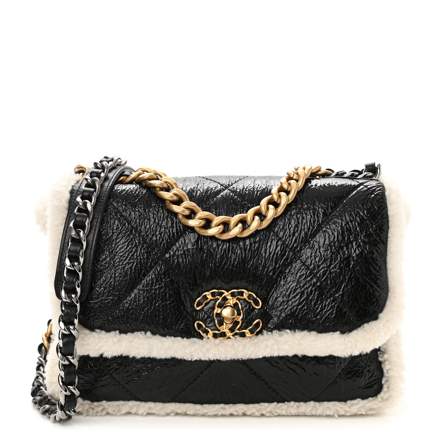 Crumpled Calfskin Shearling Sheepskin Quilted Medium Chanel 19 Flap Black