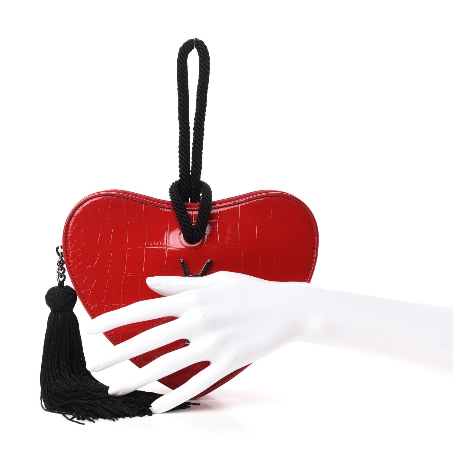 Saint Laurent Patent Crocodile Embossed Sac Coeur Heart Shaped Clutch Red 2 of 8