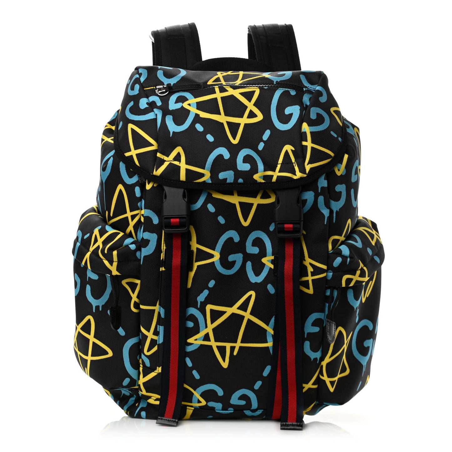 Techno Canvas GucciGhost Double Buckle Backpack Black New Acquamarine