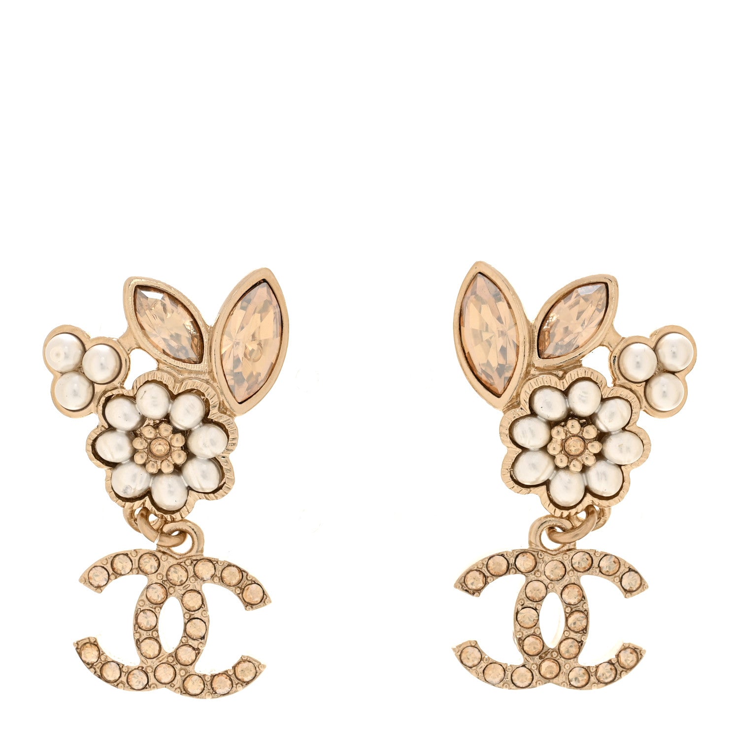 Chanel Pearl Crystal Drop CC Earrings Gold White 1 of 5