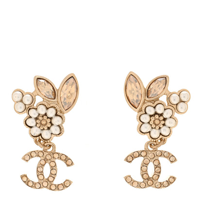 Chanel Pearl Crystal Drop CC Earrings Gold White 1 of 5