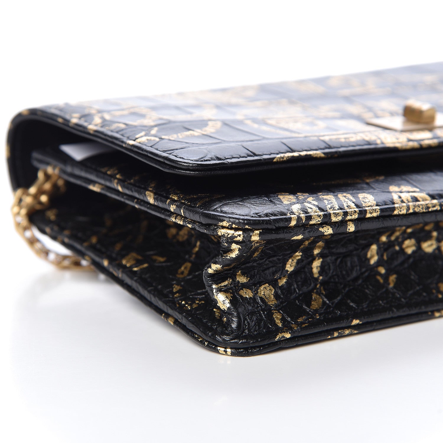Chanel Calfskin Crocodile Embossed Graffiti 2.55 Cocodile Reissue Wallet On Chain WOC Black Gold 9 of 12