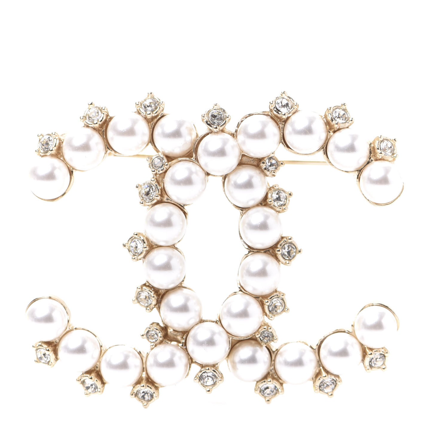 Pearl Crystal CC Brooch Gold