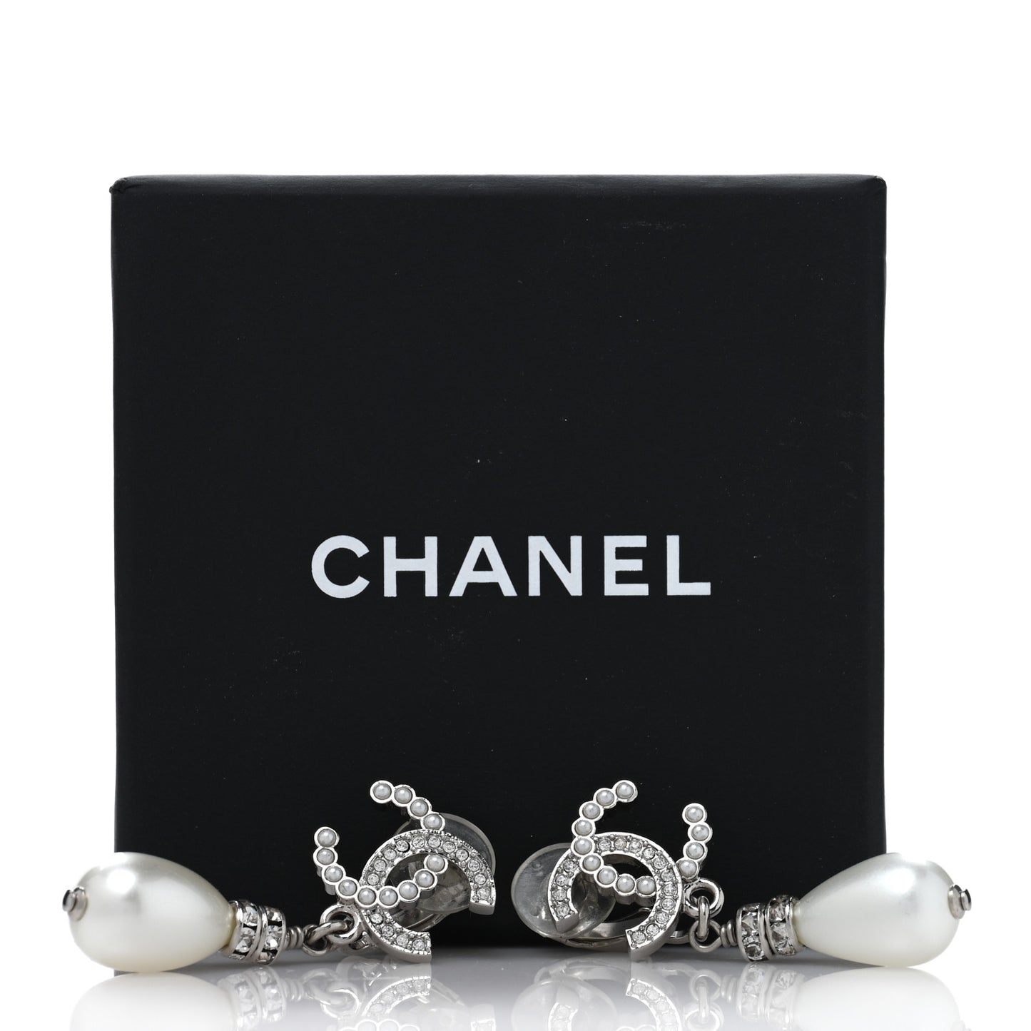 Pearl Crystal CC Drop Clip On Earrings Silver Pearly White