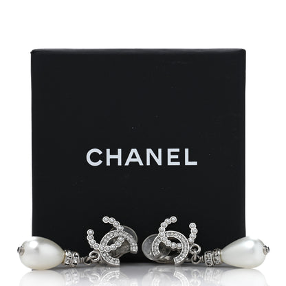 Chanel Pearl Crystal CC Drop Clip On Earrings Silver Pearly White 5 of 5