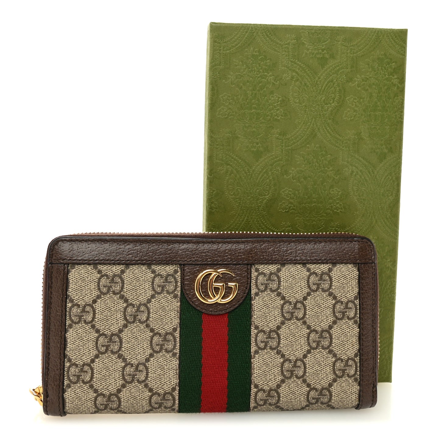 GG Supreme Monogram Web Ophidia Zip Around Wallet Brown