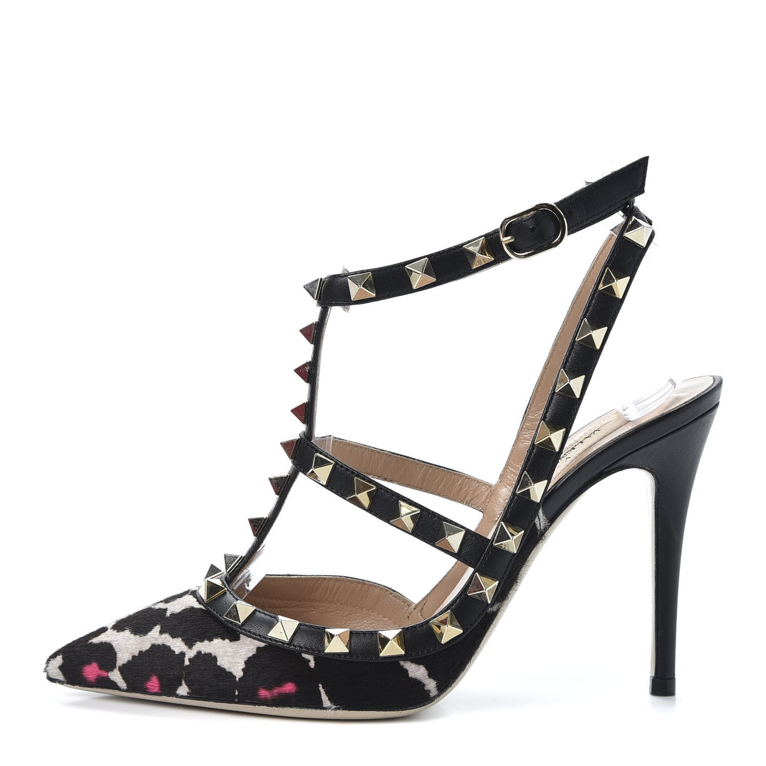 Valentino Garavani Calf Hair Leopard Print Rockstud Ankle Strap Pumps 35.5 Black Pink 1 of 9
