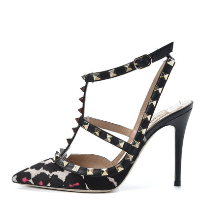Valentino Garavani Calf Hair Leopard Print Rockstud Ankle Strap Pumps 35.5 Black Pink 1 of 9