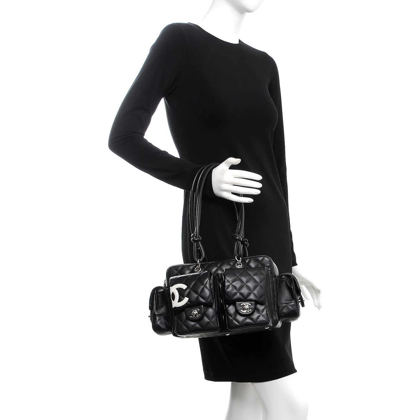 Calfskin Quilted Small Cambon Multipocket Reporter Black White