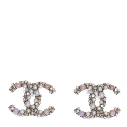 Chanel Pearl Crystal CC Charms Stud Earrings Light Gold Pink 1 of 4