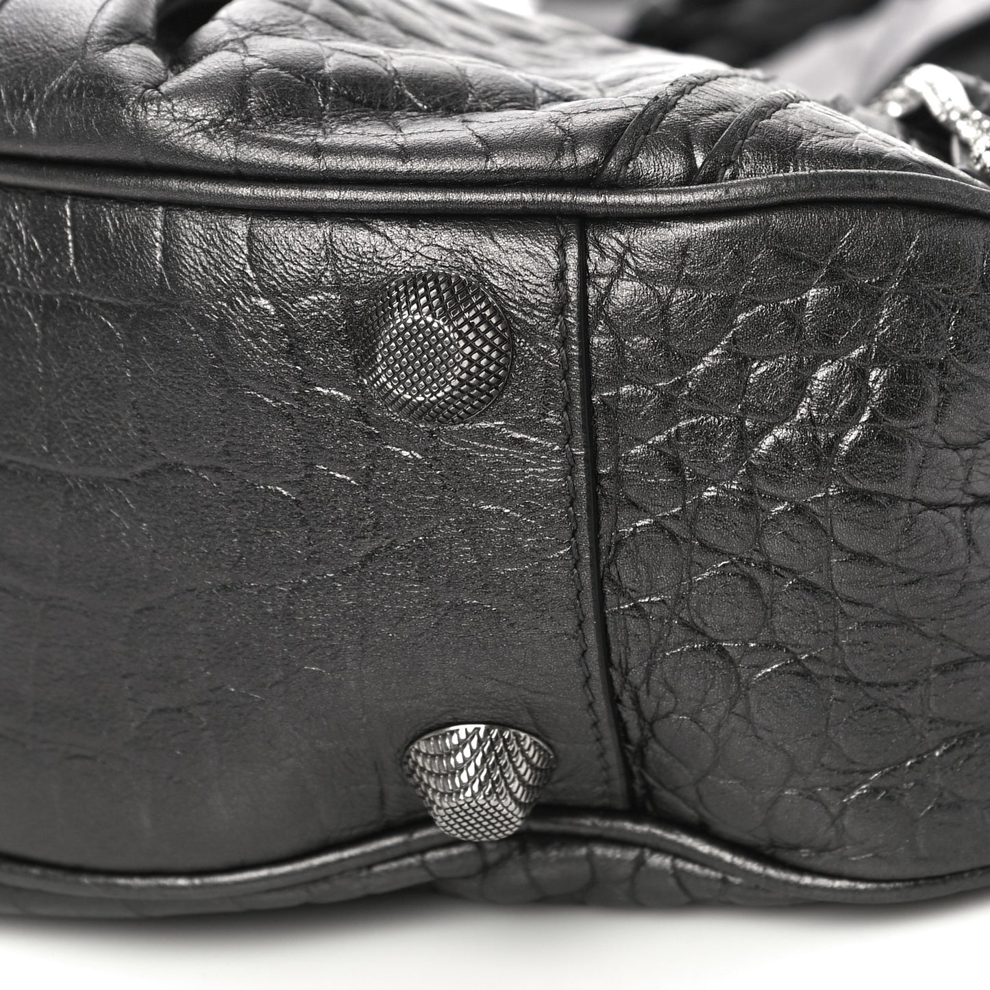 Metallic Calfskin Crocodile Embossed Crystal Small Le Cagole Shoulder Bag Gunmetal