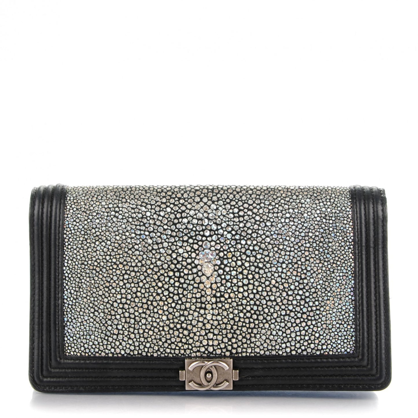 Metallic Galuchat Stingray Lambskin Yen Wallet Silver Black