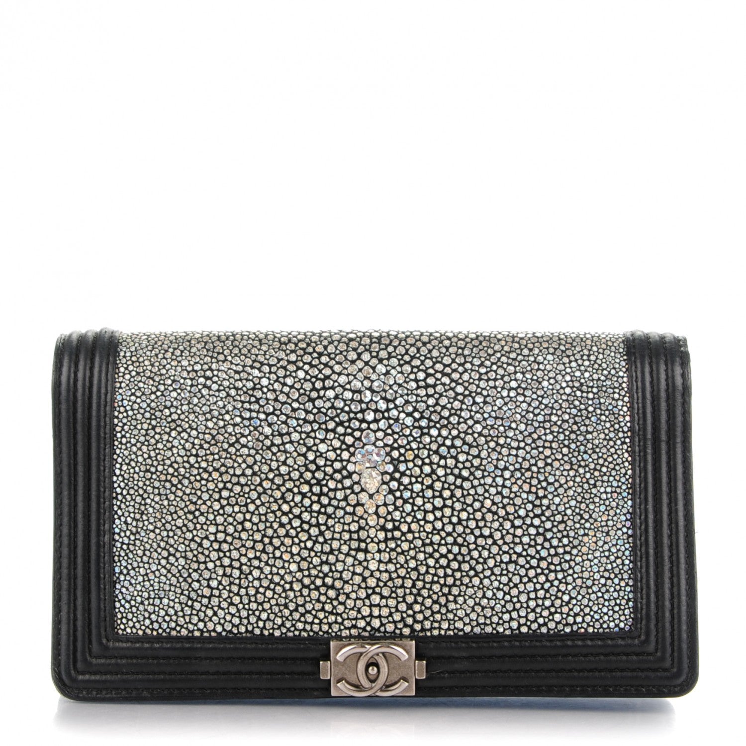 Chanel Metallic Galuchat Stingray Lambskin Yen Wallet Silver Black 1 of 7
