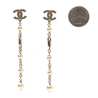 Chanel Crystal Pearl CC Long Drop Earrings Gold 2 of 4