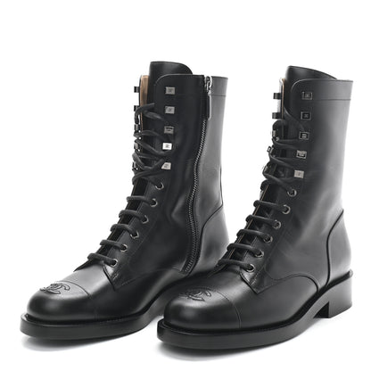 Chanel Calfskin Lace Up Combat Boots 39.5 Black 3 of 8