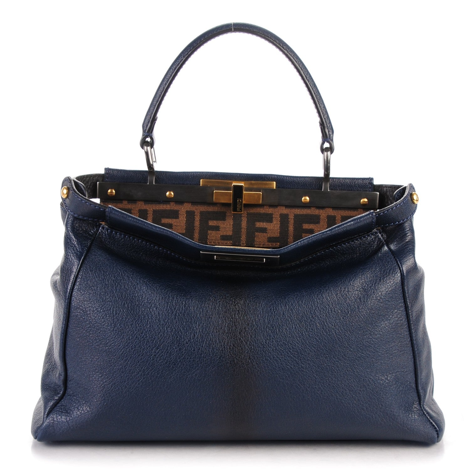 Fendi Goatskin Zucca Medium Peekaboo Iconic Satchel Blue Tobacco Black 1 of 7