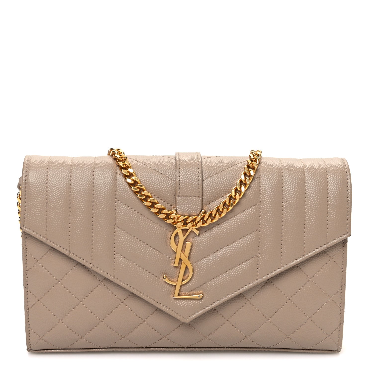Saint Laurent Grain De Poudre Mixed Matelasse Triquilt Monogram Chain Wallet Dark Beige 1 of 14