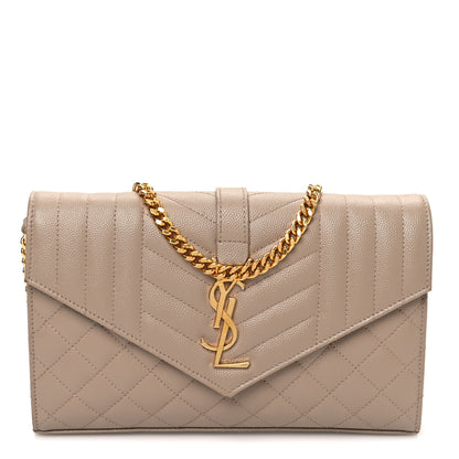Saint Laurent Grain De Poudre Mixed Matelasse Triquilt Monogram Chain Wallet Dark Beige 1 of 14