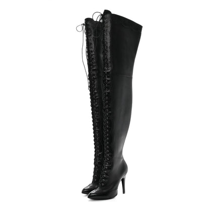 Gucci Calfskin Snakeskin Embossed Harriet Over the Knee High Boots 36 Black 3 of 8