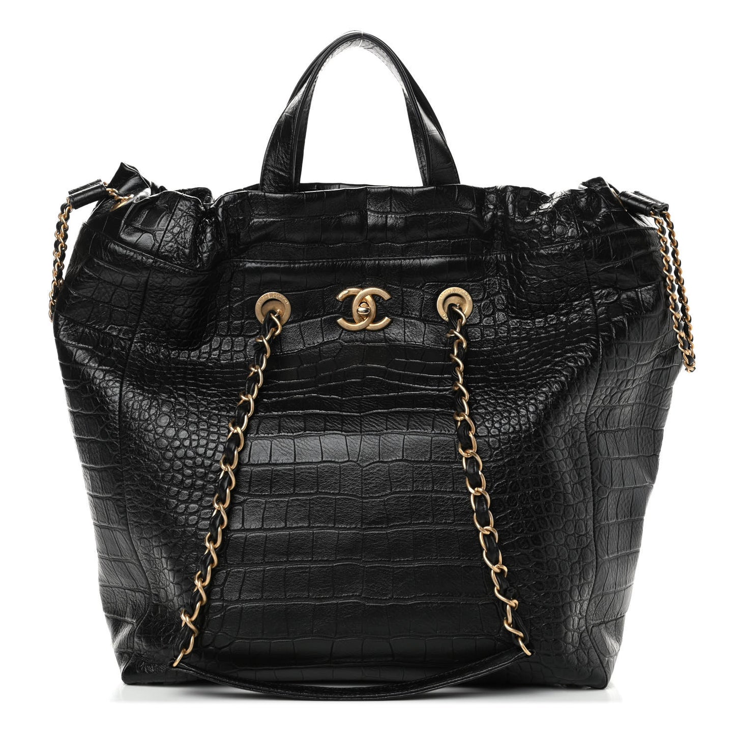Calfskin Crocodile Embossed Large Cocodile Shopping Tote Black
