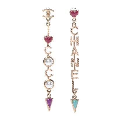 Chanel Pearl Enamel Logo Long Drop Earrings Gold 1 of 5