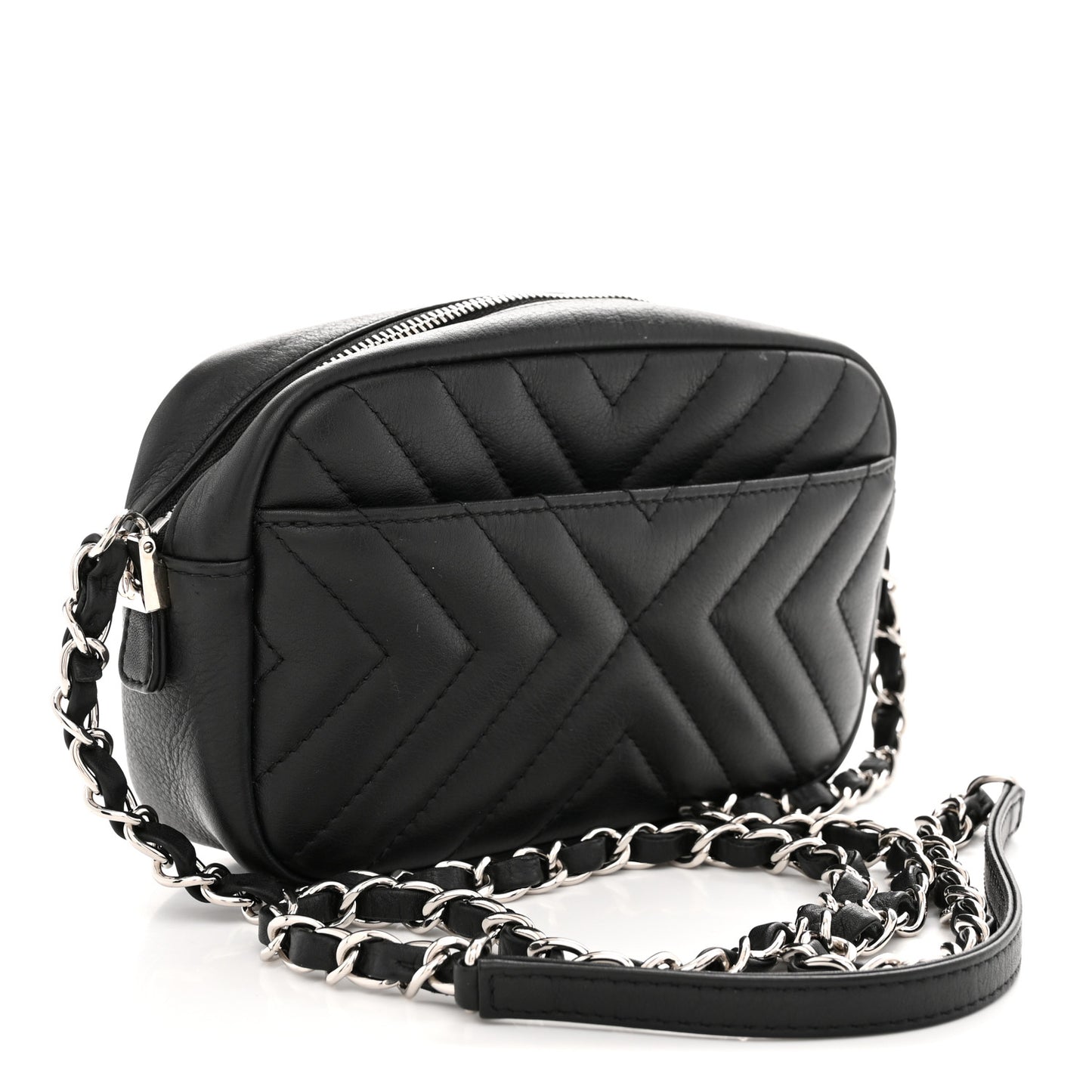 Calfskin Diagonal Chevron Quilted Tassel Camera Case Black