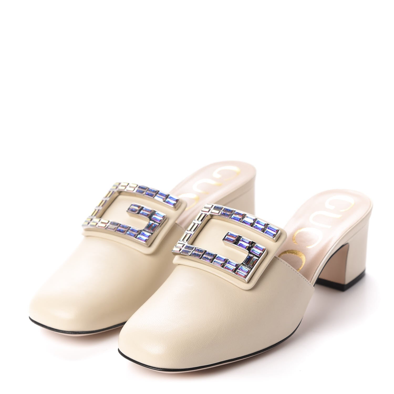 Gucci Malaga Kid Crystal Square G Madelyn Mules 35.5 Vintage White 3 of 10