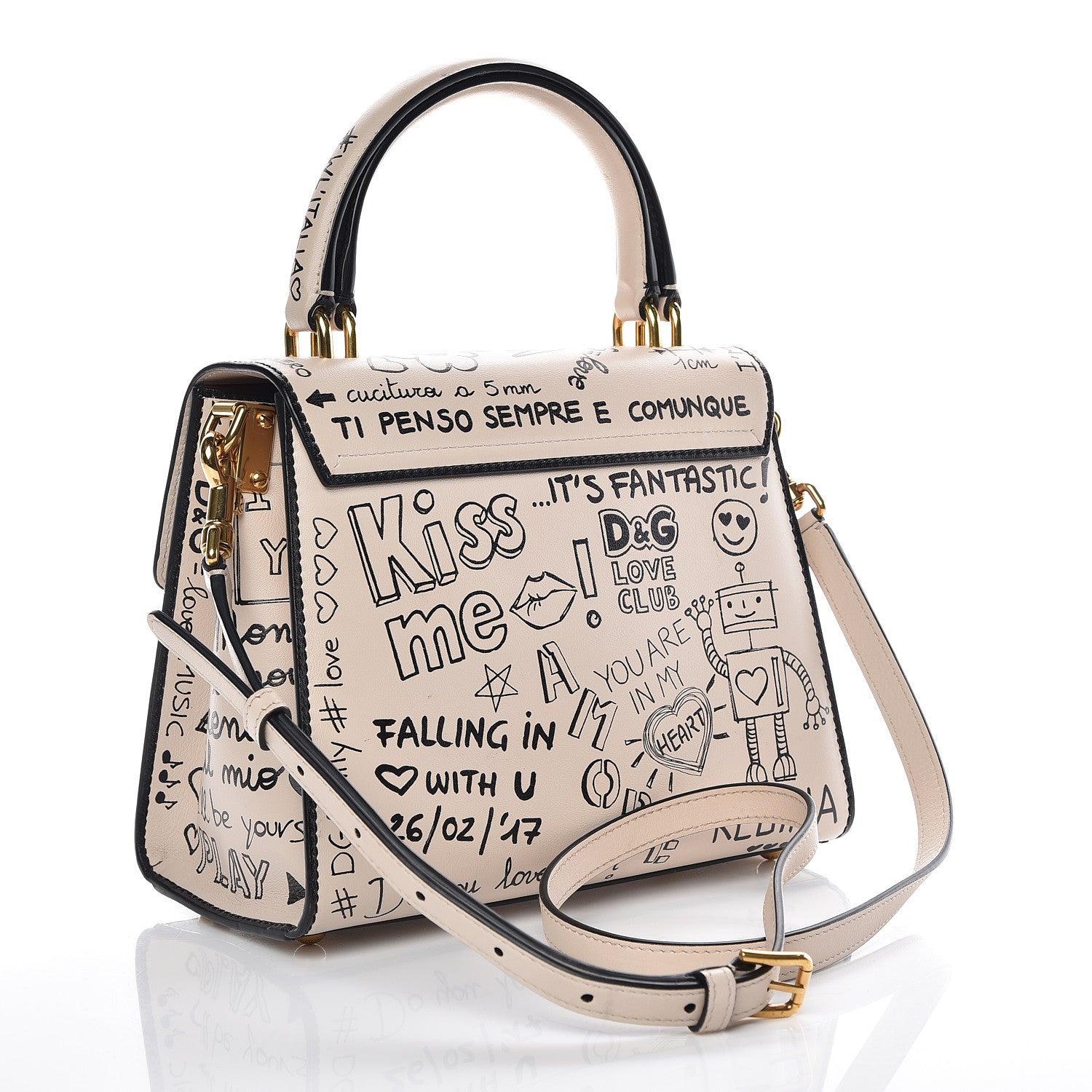 Dolce & Gabbana Calfskin Graffiti Printed Welcome Satchel White Black 3 of 9