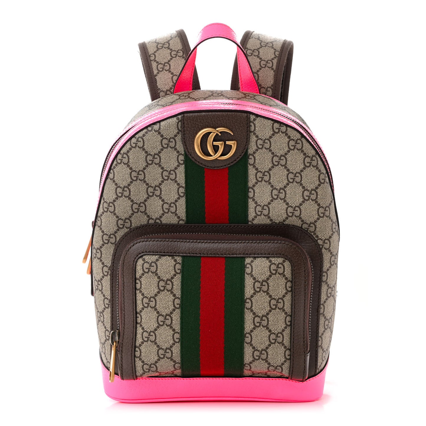 GG Supreme Monogram Textured Dollar Calfskin Web Small Ophidia Day Backpack Beige Ebony Fluorescent Fuchsia