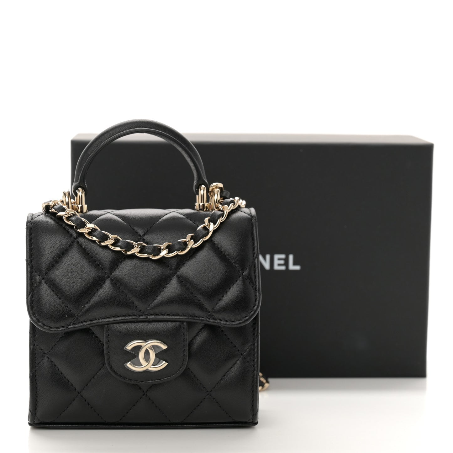 Lambskin Quilted Top Handle Flap Clutch With Chain Black