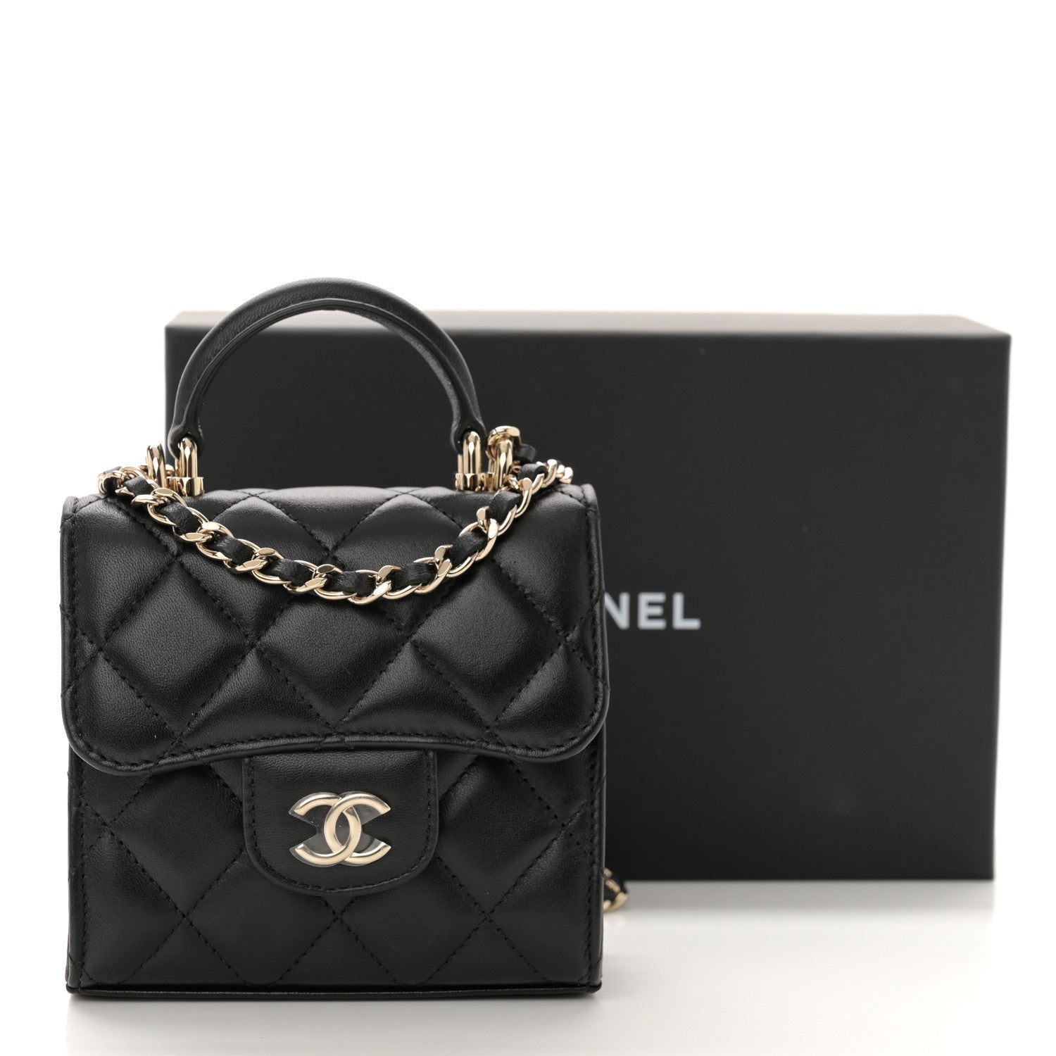 Chanel Lambskin Quilted Top Handle Flap Clutch With Chain Black 11 of 11