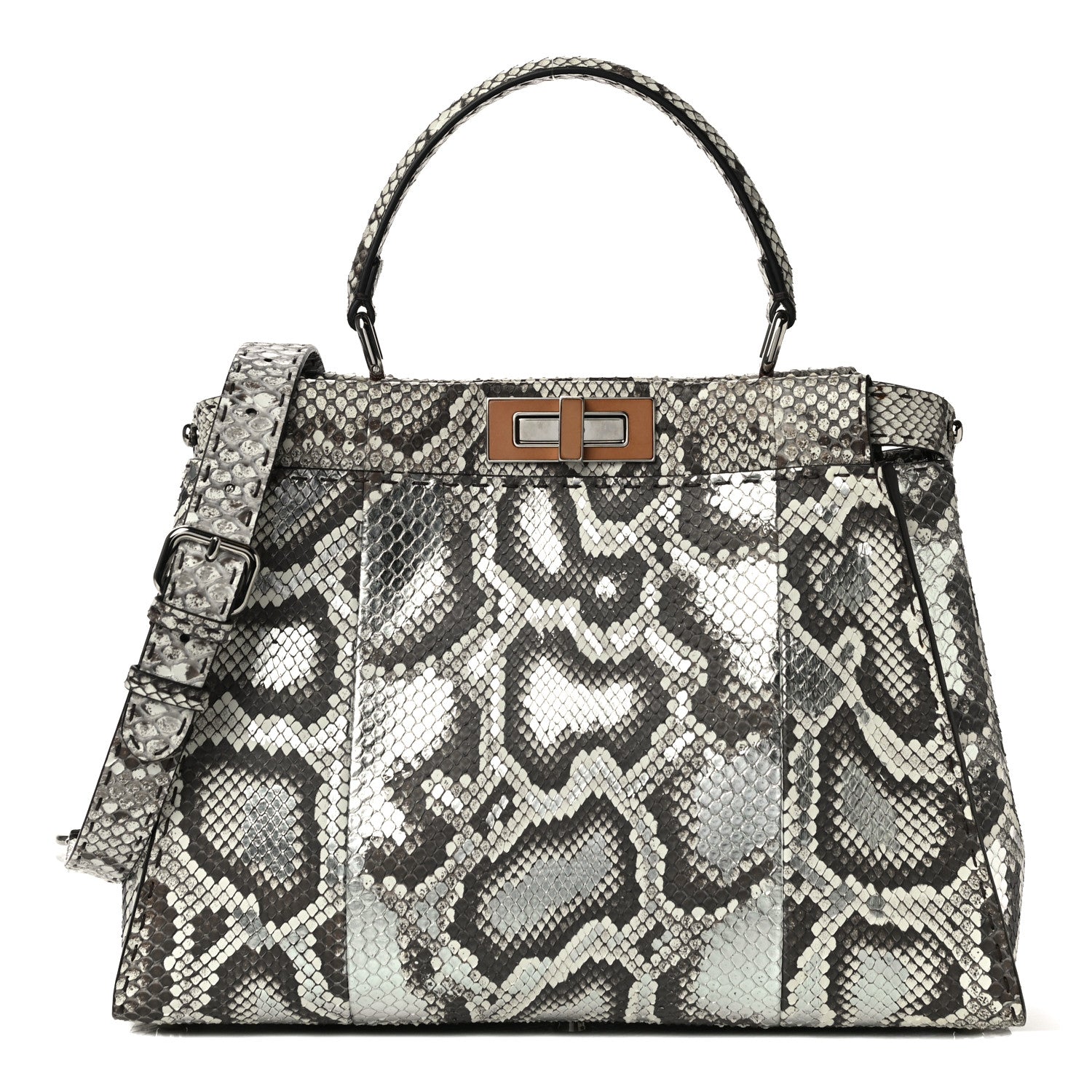 Fendi Python Selleria Medium Peekaboo Iconic Satchel Stone Silver 1 of 10