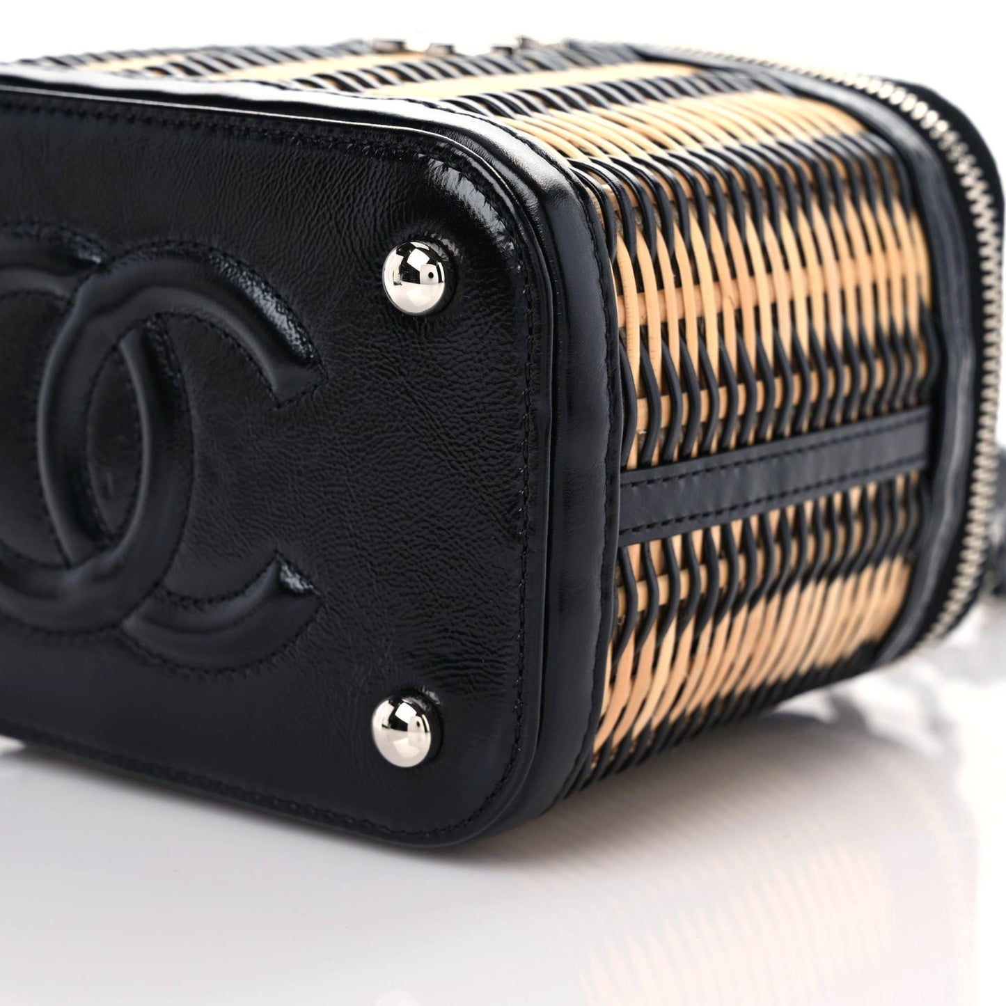 Calfskin Raffia Small Vanity Case Bag Black Beige