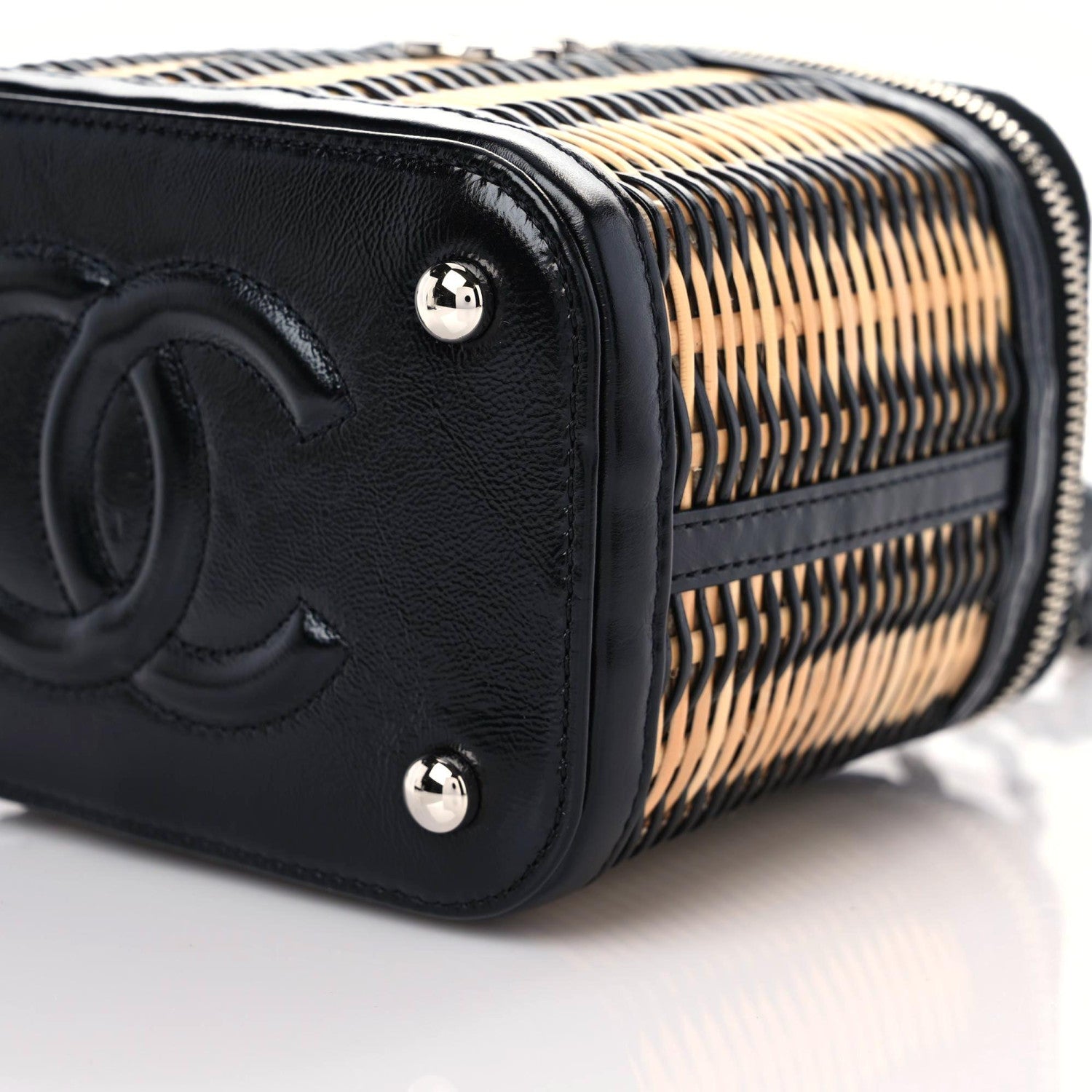 Chanel Calfskin Raffia Small Vanity Case Bag Black Beige 6 of 10