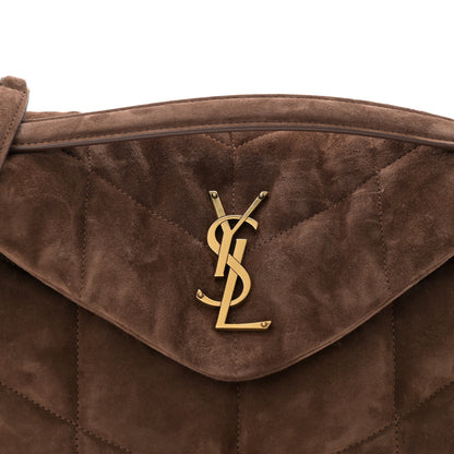 Saint Laurent Suede Calfskin Quilted Small Loulou Puffer Monogram Chain Satchel Bark Brown 8 of 10