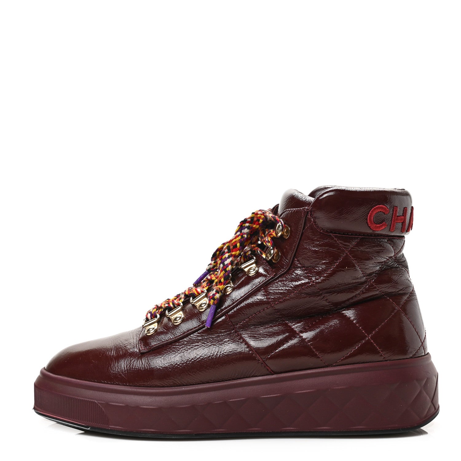 Chanel Patent Calfskin Quilted Womens High Top Sneakers 39.5 Burgundy 1 of 8