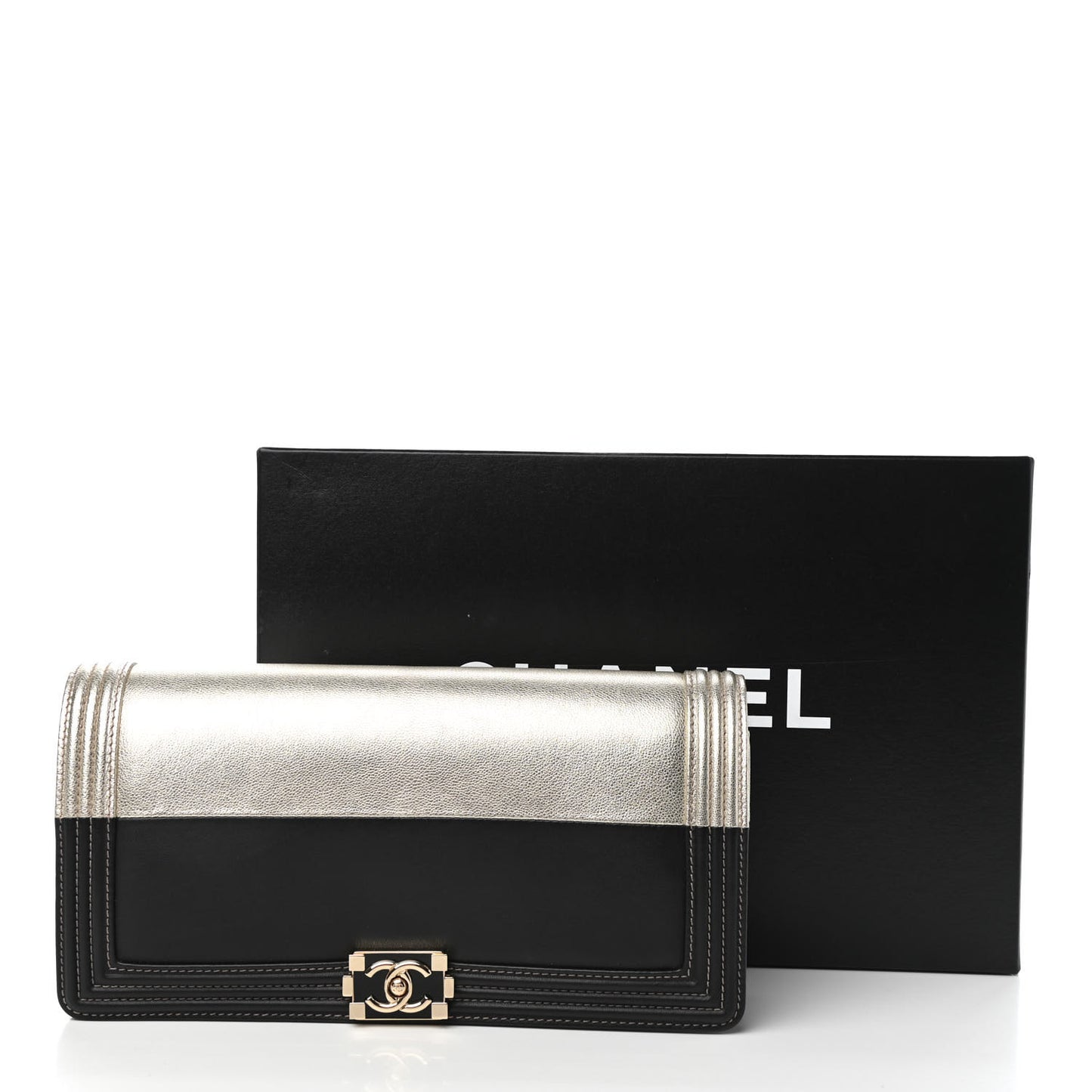Metallic Goatskin Calfskin Boy Flap Clutch Gold Black