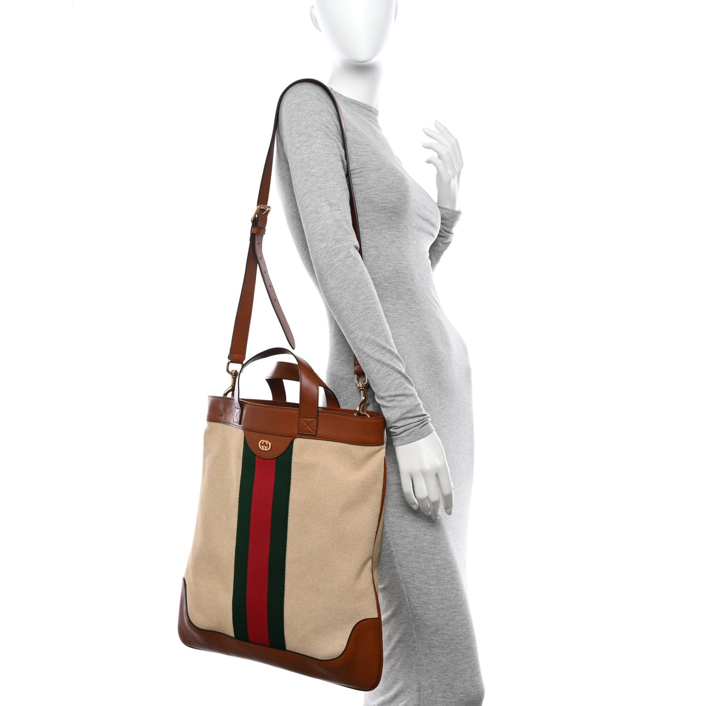Vintage Canvas Calfskin Web Flat Tote Sand Light Cuir