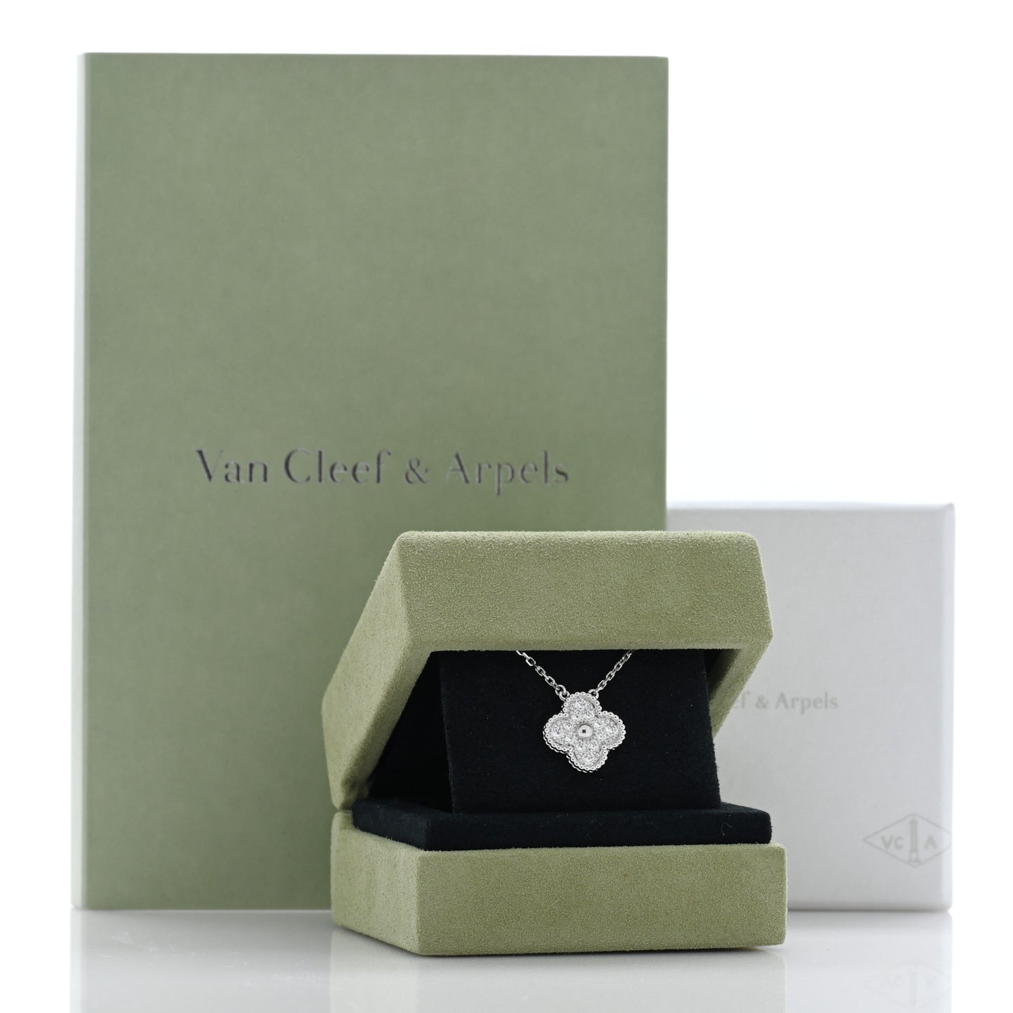 18K White Gold Diamond Vintage Alhambra Pendant Necklace