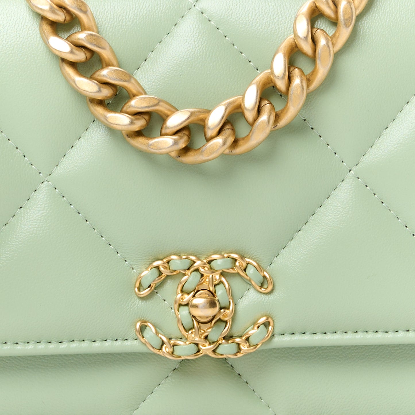 Lambskin Quilted Chanel 19 Wallet On Chain WOC Light Green
