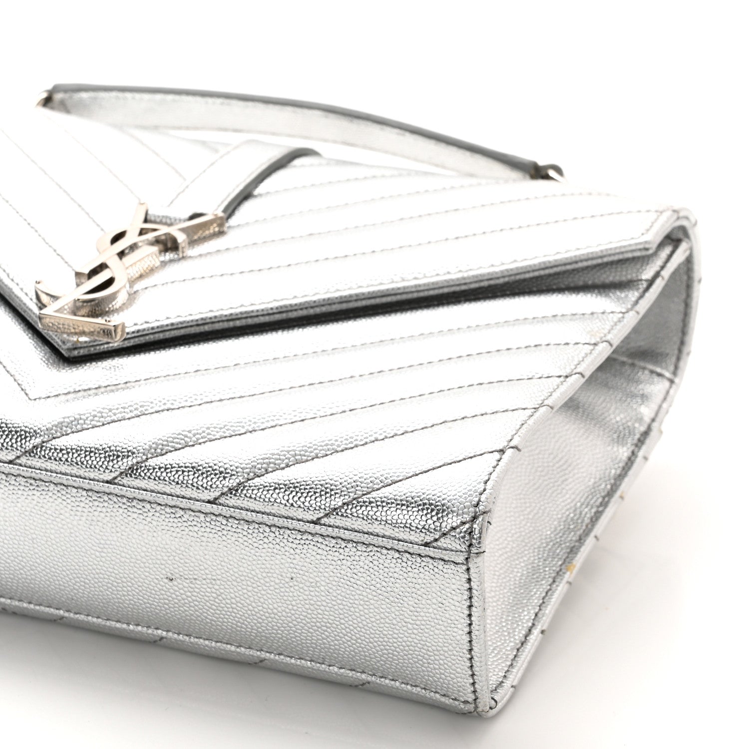 Saint Laurent Metallic Grain De Poudre Matelasse Chevron Medium Monogram Satchel Silver 10 of 11
