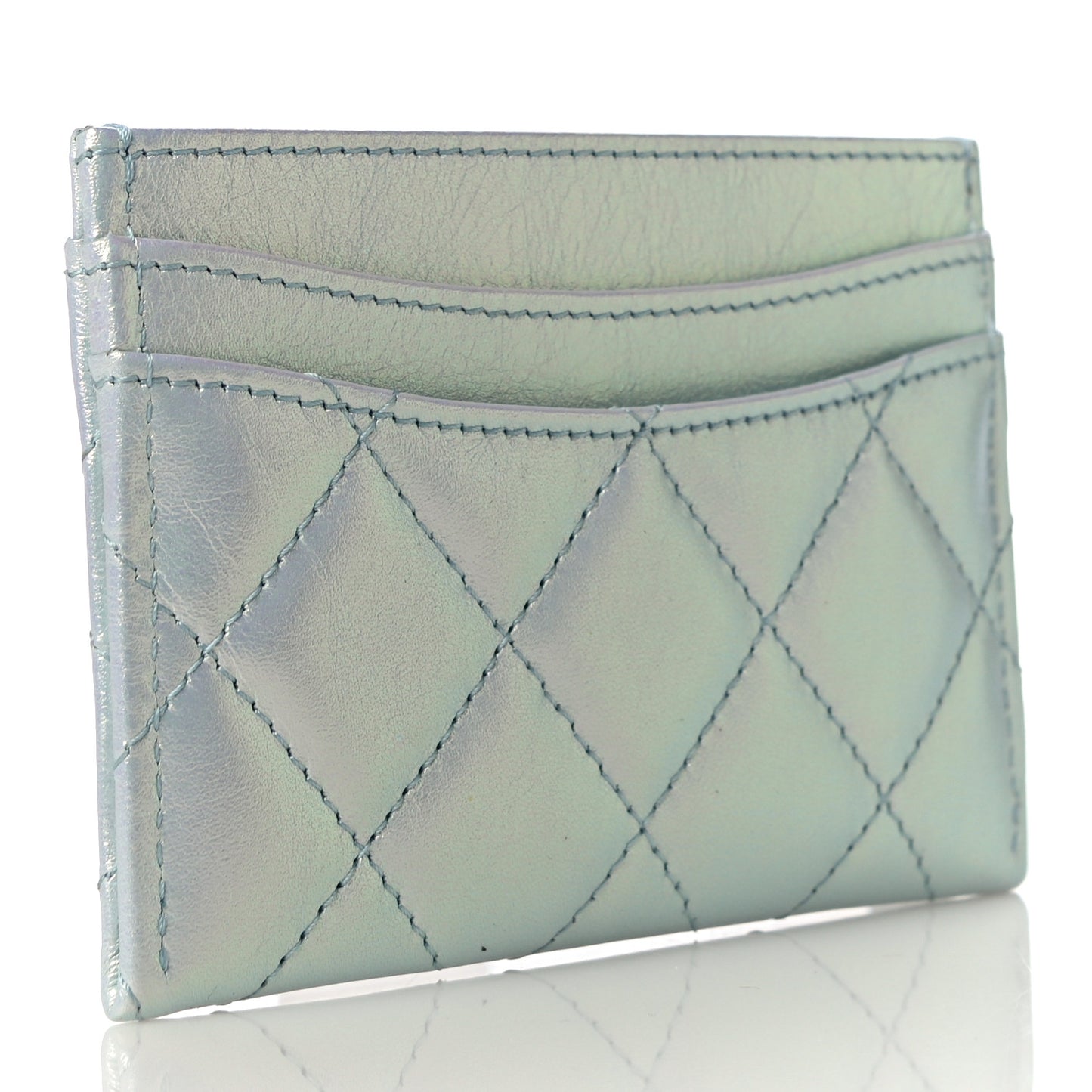 Iridescent Lambskin Quilted Card Holder Light Blue