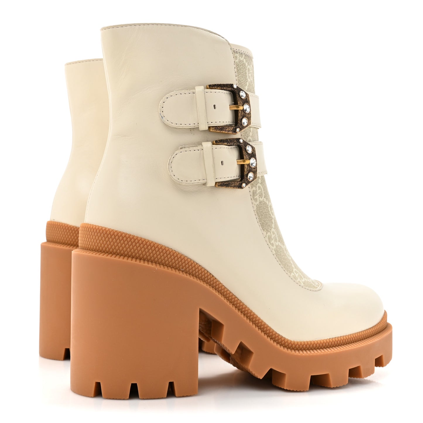 Kensington Calfskin Nappa GG Supreme Monogram Womens Double Buckle Ankle Boots 35 Mystic White Beige