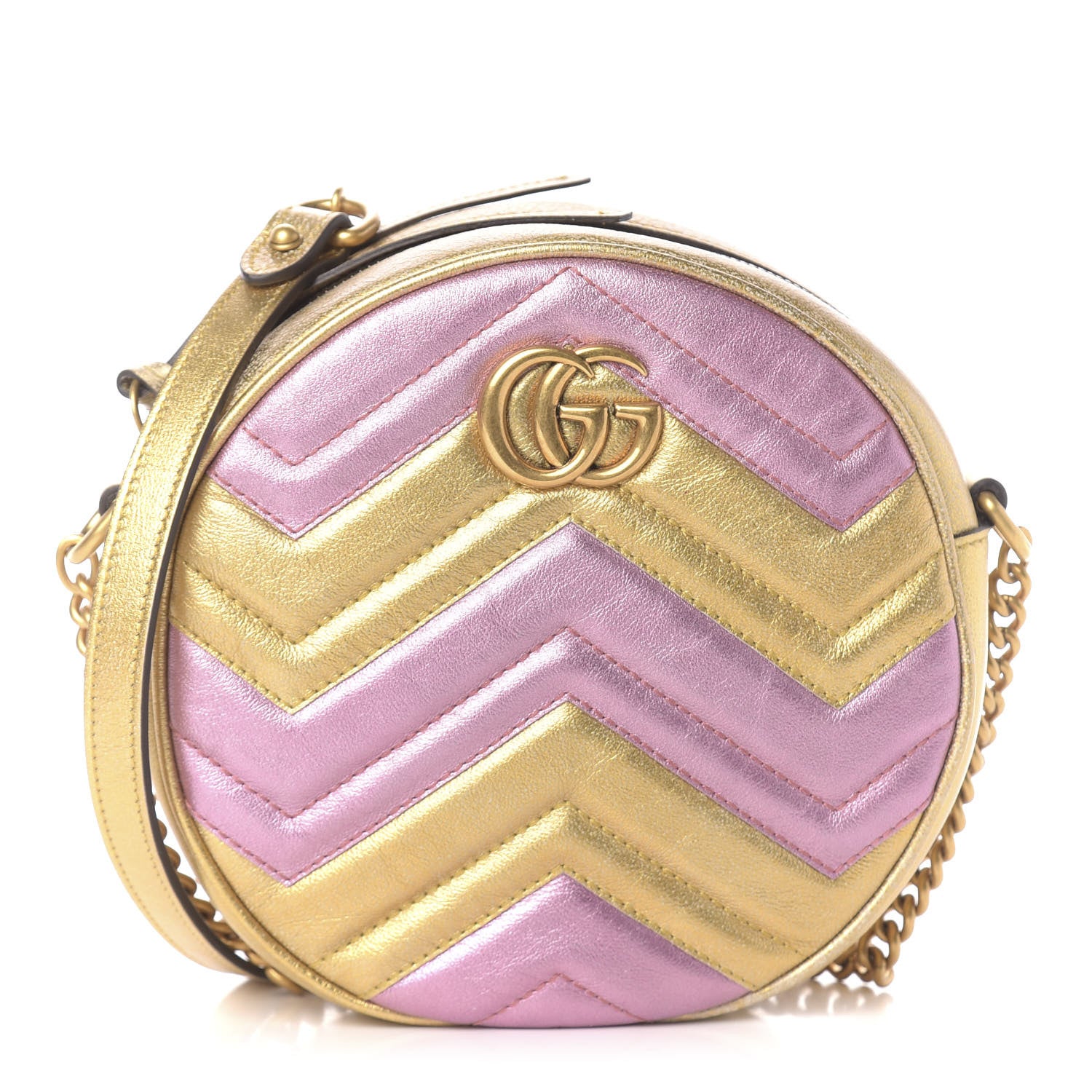 Gucci Metallic Calfskin Matelasse Mini GG Marmont Round Shoulder Bag Gold Pink 1 of 11