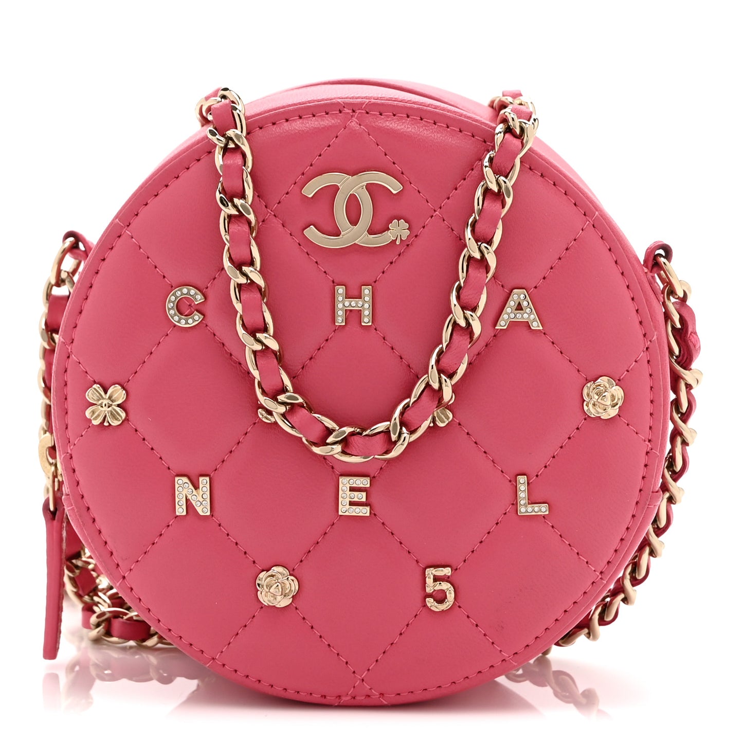 Lambskin Quilted Studded Round Clutch With Chain Dark Pink
