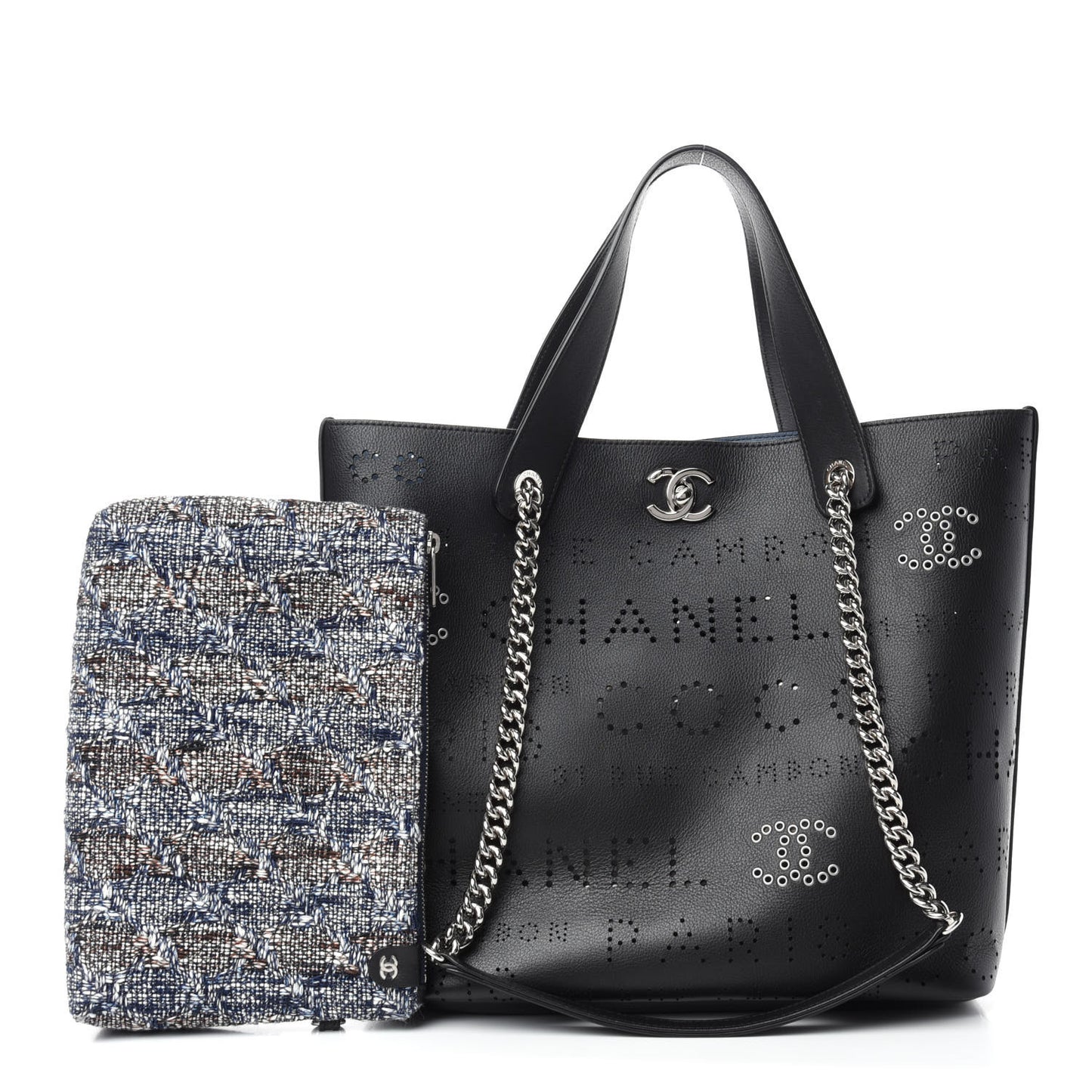 Calfskin Tweed Small Logo Eyelets Shopping Tote Black