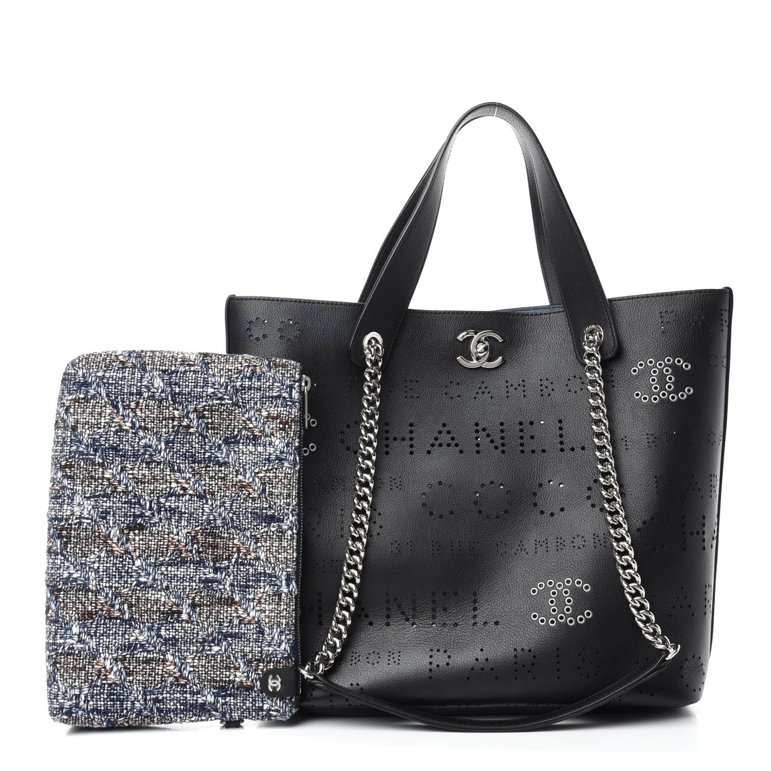Chanel Calfskin Tweed Small Logo Eyelets Shopping Tote Black 1 of 12