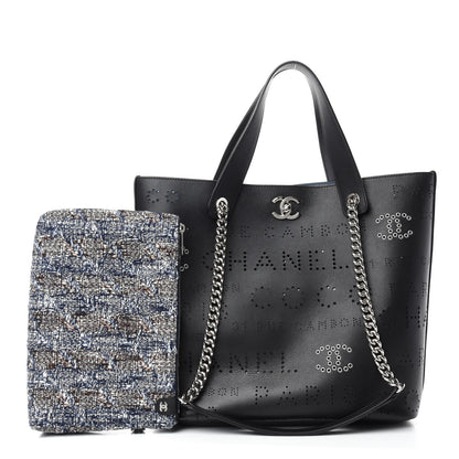 Chanel Calfskin Tweed Small Logo Eyelets Shopping Tote Black 1 of 12