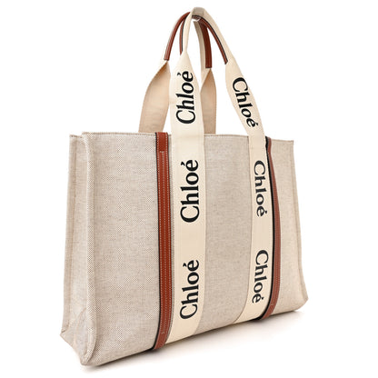 Chloe Cotton Calfskin Large Woody Ribbon Tote White Brown 3 of 15