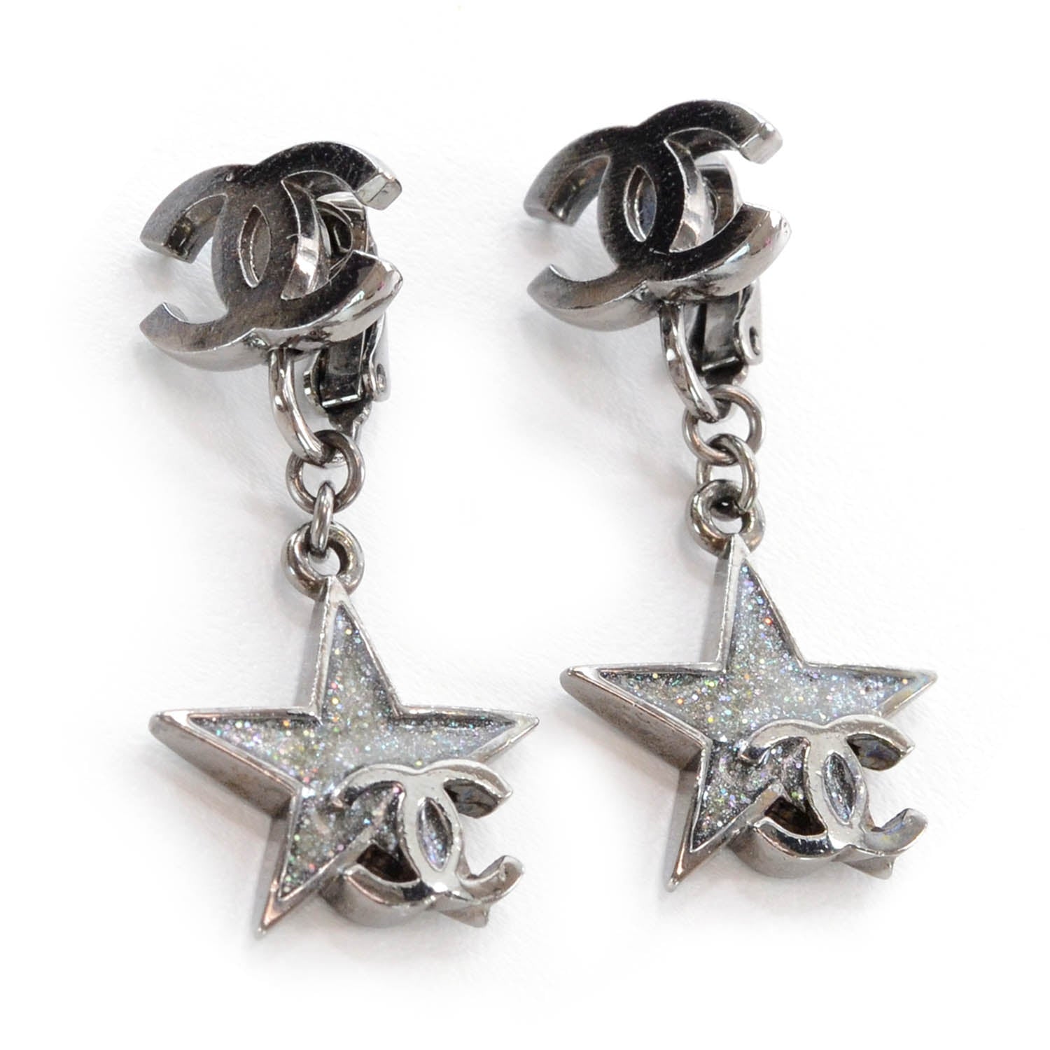 Chanel Glitter CC Star Drop Clip On Earrings Silver 1 of 4
